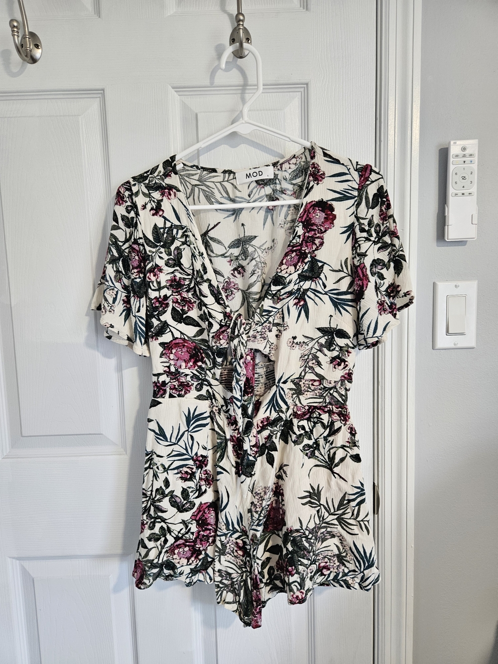 Modcloth Cream Floral Tie-Front Romper with Pink & Green Print